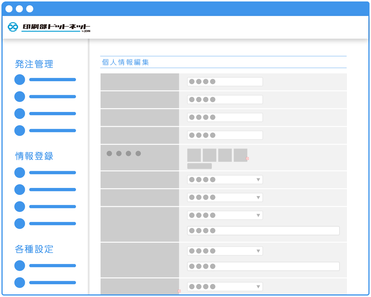 印刷部ドットネットの名刺情報編集画面