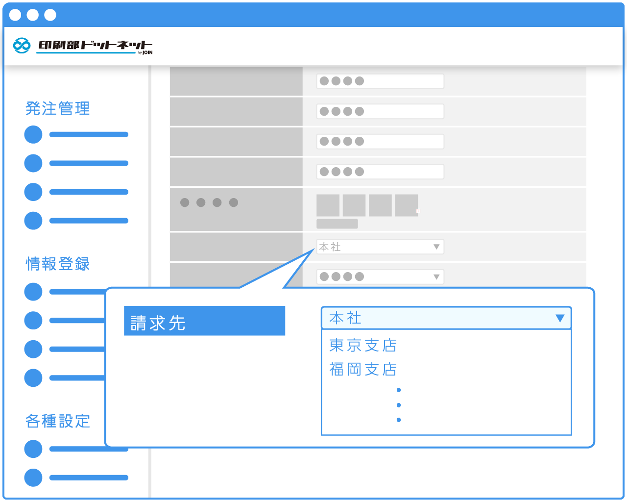 印刷部ドットネットの請求先、納品先設定イメージ
